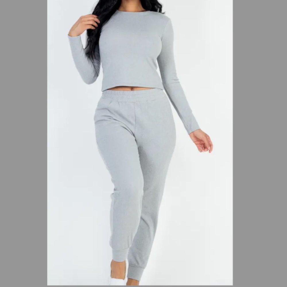 Women's Soft Ribbed Jogger Set NEW Gray L Large